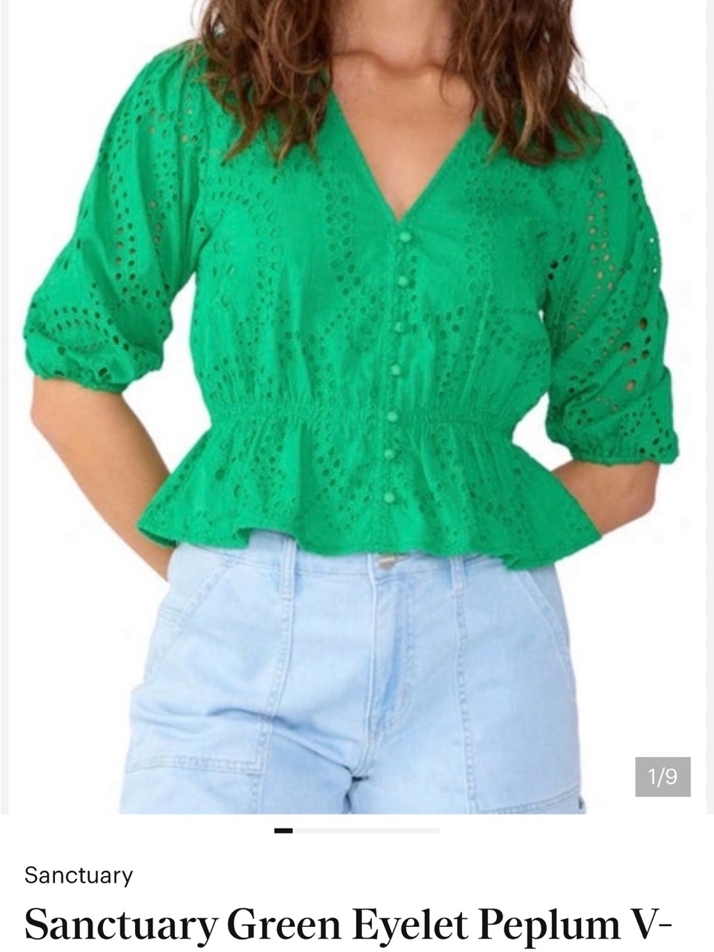 Sanctuary Emerald Eyelet Peplum V-Neck Blouse